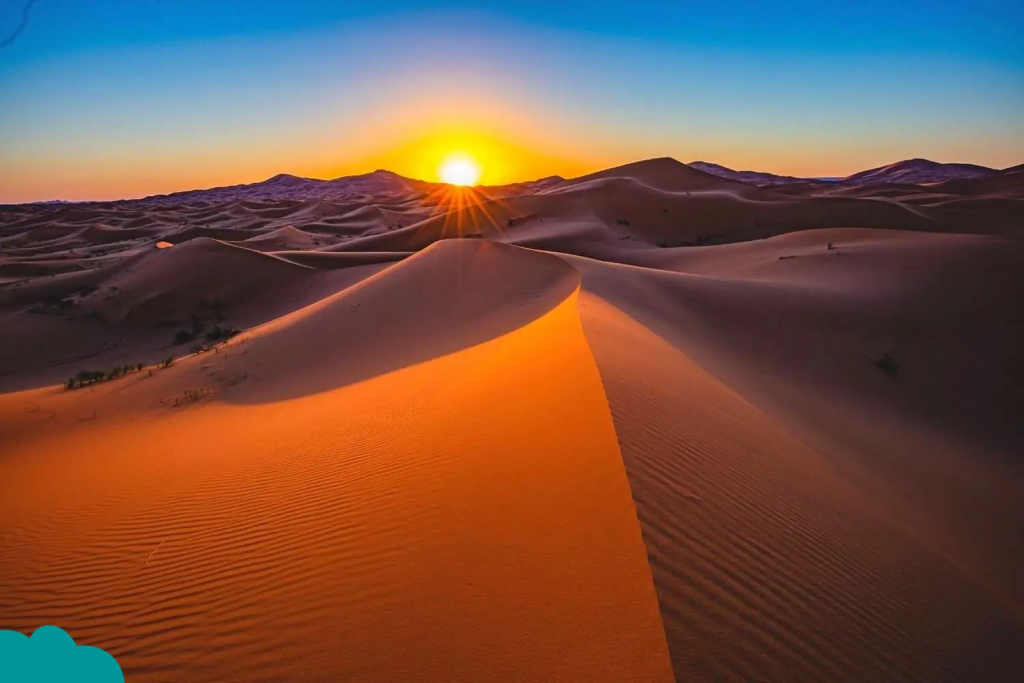 Camel trekking across the golden Erg Chebbi dunes during a Morocco Camel Trek in Merzouga.