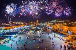 Festive Christmas market in Marrakech during Morocco Christmas holidays with warm winter light.