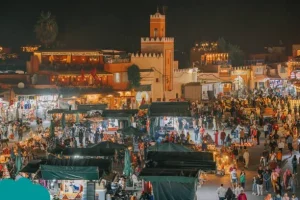 Traditional market in Marrakech during Morocco December holidays with warm winter sunshine.