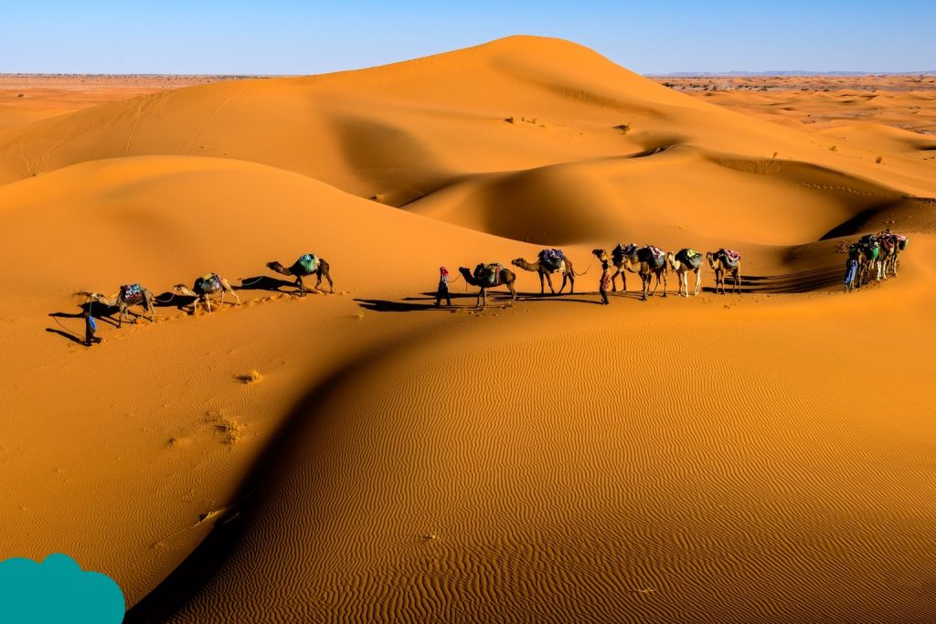 Wide panoramic view of Sahara Desert – Around Dunes and Khamlia Village