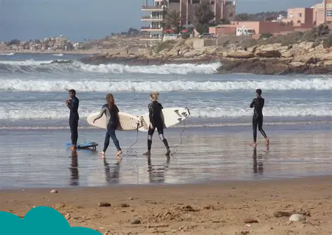 Group of surfers relaxing after surf sessions at Surf Camp Taghazout Morocco