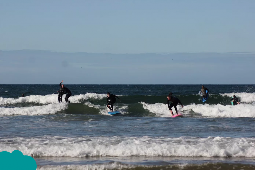 Surf Camp Taghazout Morocco with surfers riding waves on the Atlantic coast