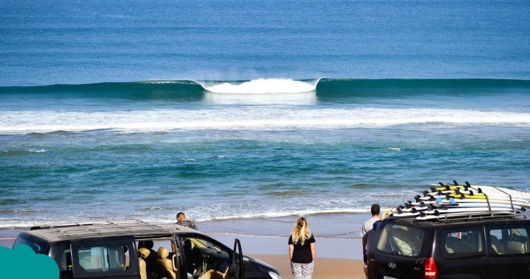 Surf instructor teaching beginners at Surf Camp Taghazout Morocco beach